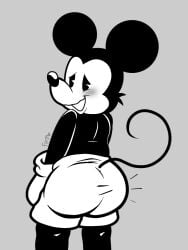 1boy 2021 anthro ass ass ass_focus black_body black_nose blush bottomwear butt_focus clothed clothing disney floofyboyetime gloves grey_background handwear looking_back male male_only mammal mickey_mouse mouse murid murine nervous nervous_smile open_mouth open_smile rodent shorts simple_background smile solo standing topless