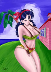 blue_eyes blue_hair cleavage dragon_ball dragon_ball_z fingerless_gloves good_launch hair_ribbon kame_house large_breasts launch long_hair looking_at_viewer ocean revealing_clothes salsdraws seaside skimpy_clothes small_hands thick_thighs voluptuous wide_hips