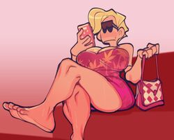 big_ass big_breasts big_butt blonde_hair cellphone crossed_legs eyewear_on_head handbag huge_ass huge_butt karen karen_(submarine_screw) legs_crossed mature_female mature_woman milf phone purse red_dress short_hair sitting smartphone submarine_screw sundress sunglasses sunglasses_on_head