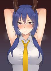 annoyed arknights armpits blue_hair canape_(canape0130) ch'en_(arknights) female horns looking_at_viewer necktie red_eyes sleeveless_shirt solo_female steam steaming_body sweat tied_hair