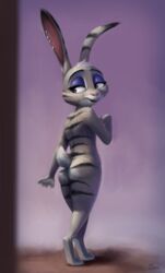 2021 anthro ass buckteeth disney ear_piercing female fur grey_body grey_fur hi_res judy_hopps lagomorph leporid looking_back mammal nude open_mouth open_smile piercing pink_nose purple_eyes rabbit s1m signature smile solo standing teeth zootopia