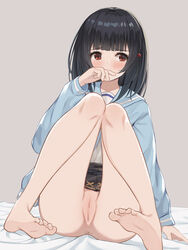 barefoot black_hair black_skirt blur_censor bottomless cameltoe censored cleft_of_venus covering_mouth embarrassed embarrassed_nude_female enf eyebrows_visible_through_hair feet female granblue_fantasy grey_background highres knees_together_feet_apart kurowan looking_at_viewer mosaic_censoring no_panties on_bed pigeon-toed pussy red_eyes school_uniform sitting skirt soles solo vikala_(granblue_fantasy)