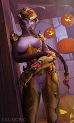 1girls 3d armor blizzard_entertainment breasts golden_armor halloween halloween_costume overwatch pumpkin purple_hair purple_skin pussy scorpion_widowmaker spooktober spooky widowmaker yakinowo