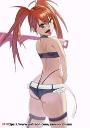 1girls ass bandeau big_ass blush bubble_butt dat_ass hand_on_hip kyuukyoku_shinka_shita_full_dive_rpg_ga_genjitsu_yori_mo_kusoge_dattara looking_at_viewer looking_back mizarisa naughty_face pose red_hair sanerocchisan shorts sword teeth thong tongue tongue_out twintails