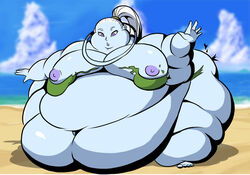 bbw blue_skin breasts dragon_ball dragon_ball_super dragon_ball_z fat female morbidly_obese nipples obese overweight roxas617 ssbbw torn_clothes vados weight_gain white_hair