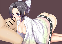 all_fours ass bar_censor blowjob blush breasts breasts_out butterfly_hair_ornament censored dark_hair demon_slayer erection fellatio female female_focus functionally_nude haori kamado_tanjirou kimetsu_no_yaiba kochou_shinobu licking_penis male oral penis purple_eyes straight toshishikisai two_tone_hair