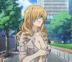 1girls blonde_hair breasts busty cleavage drill_hair female female_only hair_over_one_eye large_breasts looking_up mature mature_female no_bra oriana_thompson screencap smile to_aru_majutsu_no_index