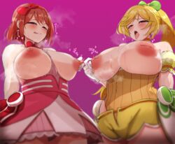 2girls 96nokimihito :q areola asu_hirana big_areola big_breasts blonde_hair bow breasts breasts_out breasts_out_of_clothes breasts_out_of_dress duo duo_focus female female_focus female_only from_below hair_ornament half-closed_eyes horny huge_breasts inverted_nipples low-angle_view multiple_girls nipple_pinch nipple_play nipple_tweak nipples onko_akino open_mouth ponytail purple_background red_bow standing steamy_breath tongue tongue_out wixoss