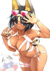 2021 :t absurdres animal_crossing animal_ears ankha bandages black_eyes black_hair bob_cut breasts bubble_tea cat_ears cleavage closed_mouth collarbone cup dark-skinned_female dark_skin egyptian eyewear_on_head female furry hand_up heart heart-shaped_eyewear highres holding holding_cup humanized jewelry jovejun large_breasts lucky_(animal_crossing) male navel navel_piercing nintendo nipples piercing ring short_hair simple_background solo sunglasses tan thick_thighs thighs white_background