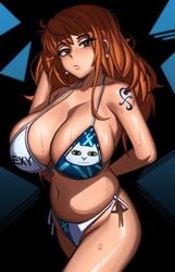 1girls 2021 alternate_breast_size arm_behind_back belly_button big_breasts bikini blush brown_eyes cleavage earrings female female_focus female_only hips huge_breasts kevbot large_breasts light_blush long_hair looking_at_viewer nami one_piece orange_hair post-timeskip shoulder_tattoo side-tie_bikini simple_background slim_waist swimsuit tattoo thick_thighs thighs wet wet_body wet_breasts wide_hips