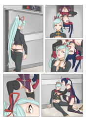 2girls aqua_hair ass assassin black_bra black_panties black_suit breasts comic dark_blue_hair death elevator female_death hime_cut metal_slug metal_slug_attack miharu_(metal_slug) ninja orange_eyes ponytail shizuka_(metal_slug) short_hair sixul_world snk strangling