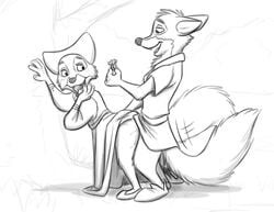 2021 all_fours anthro blush canid canine clothed clothed_sex clothing disney doggy_style dress duo fangs female footwear fox from_behind_position hi_res looking_back looking_down maid_marian male male/female mammal monochrome motion_lines open_mouth proposal ring robin_hood_(character) robin_hood_(disney) sex shoes simple_background the_giant_hamster tongue tunic white_background