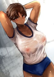 arms_up breasts brown_hair buruma cleavage collarbone dark-skinned_female dark_skin female gym_uniform huge_breasts jikihatiman nipples orange_eyes original see-through shirt short_hair solo tan tanlines thigh_gap tomboy very_short_hair wet wet_clothes white_shirt