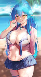 1girls aqua_hair arm_behind_back arm_up beach belly big_breasts blue_hair blue_miniskirt blue_nails blue_skirt blush breasts cleavage colored_nails covered_nipples covered_pussy eyebrows eyebrows_visible_through_hair eyelashes female female_focus female_only fingernails hair_flower highleg hololive hololive_gen_5 hololive_japan huge_breasts long_hair miniskirt nail_art nail_polish navel open_mouth pointy_ears sanasedayo sea seaside skirt solo solo_female solo_focus standing stomach sweat sweatdrop swimsuit swimwear thick_thighs thighs thin_eyebrows virtual_youtuber wide_hips yellow_eyes yukihana_lamy