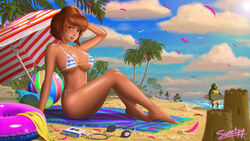 1girls 4boys alternate_version_available april_o'neil april_o'neil_(tmnt_1987) beach beach_ball beach_umbrella bikini breasts brothers donatello_(tmnt) female female_focus headphones large_breasts leonardo_(tmnt) looking_at_viewer michelangelo_(tmnt) pizza pizza_box raphael_(tmnt) surfboard sweetpy teenage_mutant_ninja_turtles walkman