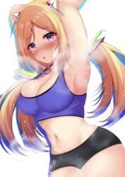 1girls 2021 aki_rosenthal armpit armpit_focus arms_up belly big_breasts blonde_hair blush breasts cleavage eyebrows eyebrows_visible_through_hair eyelashes female female_focus female_only hololive hololive_gen_1 hololive_japan long_hair mechanical_animal_ears midriff navel open_mouth purple_eyes short_shorts shorts side_view sideboob simple_background solo solo_female solo_focus sports_bra sports_uniform sportswear steaming_body steamy_armpit steamy_breath virtual_youtuber white_background zatu