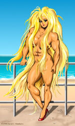 beach blonde_hair breasts dcmatthews female green_eyes high_heels long_hair muscles muscular muscular_female solo tetsuko