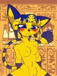 animal_crossing ankha ankha_ride_(minus8) anthro crown dancing domestic_cat ear_piercing egyptian felid feline felis female fluffy heiroglyphs mammal narrowed_eyes nintendo piercing solo teasing video_games yarart