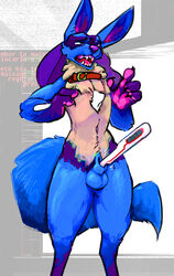 1boy abstract_background absurd_res animal_genitalia anthro balls blue_body blue_fur collar fluffy fluffy_tail fur genitals hi_res looking_pleasured lucario male male_only mindkog nintendo open_mouth pawpads pink_pawpads pokemon pokemon_(species) scientific_instrument sheath sheath_penetration sheath_play solo thermometer video_games weather_instrument yellow_body yellow_fur