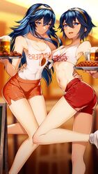 2girls 9:16 abs absurd_res alcohol alternate_hairstyle arm_around_waist ass bare_legs bare_midriff beer beer_mug blue_eyes blue_hair blurry blurry_background breasts cleavage closed_mouth cluseller commission covered_navel cross-laced_footwear cup dual_persona eyebrows_visible_through_hair feet_out_of_frame female female_only fire_emblem fire_emblem_awakening food foot_out_of_frame hair_between_eyes highres holding holding_tray hooters long_hair looking_at_viewer lucina_(fire_emblem) marth_(fire_emblem_awakening) medium_breasts midriff mug multiple_girls multiple_persona navel nintendo open_mouth orange_shorts outback_steakhouse red_shorts shirt shoes short_hair short_shorts shorts skeb_commission sleeveless sleeveless_shirt small_breasts smile sneakers standing standing_on_one_leg stomach tank_top taut_clothes thighs tiara tied_shirt tight tomboy tomboy_outback tray waitress white_footwear white_shirt white_tank_top