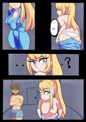 1boy 1girls alternate_breast_size ass bbycheese beard blonde_hair blue_eyes breasts brown_hair comic crossover female konami large_breasts male medium_hair metal_gear_solid metroid nintendo nipples panties ponytail samus_aran short_hair shorts solid_snake sweat text text_bubble undressing white_skin zero_suit zero_suit_samus