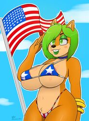 1girls american_flag american_flag_bikini ami_bandicoot anthro areola_slip berkthejerk bikini breasts busty crash_(series) erect_nipples_under_clothes female green_hair green_lipstick highleg_bikini huge_breasts large_breasts lipstick navel nipples salute short_hair smile thick_thighs voluptuous wide_hips