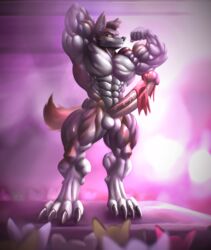 abs absurd_res anthro blush canid canine canis claws clenched_teeth clothed clothing demowolf digitigrade erection erection_under_clothing flexing flexing_bicep genitals hi_res inner_ear_fluff looking_at_viewer male mammal multicolored_body muscular muscular_anthro muscular_male nipples penis pose rizzyofen solo stage teeth torn_clothing tuft two_tone_body vein veiny_penis wolf