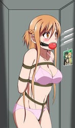 arms_behind_back ball_gag blush bondage crotch_rope drooling female femsub gag in_container locker locker_bondage locker_interior panties rope sword_art_online tagme tears underwear yuuki_asuna