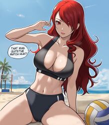 1girls atlus breasts cleavage dialogue english_text female female_only hair_over_one_eye large_breasts lepypepy light-skinned_female long_hair long_red_hair mitsuru_kirijo outdoors persona persona_3 red_eyes red_hair red_hair_over_one_eye sportswear text thighs volleyball_uniform