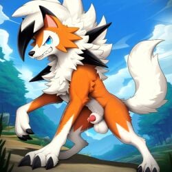 ai_generated anatomically_correct anatomically_correct_genitalia animal_genitalia animal_penis balls bodily_fluids canid canine canine_penis claws cloud detailed detailed_background detailed_fur director_firewolf dusk_lycanroc feral forest gay generation_7_pokemon genital_fluids genitals grass hi_res looking_at_viewer lycanroc male male_only mammal novelai outside paws penis penis_tip plant pokemon_(species) precum raised_tail sheath solo toe_claws tree