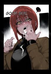 chainsaw_man color color_edit colored colored_inner_hair colored_sketch colored_skin cum cum_in_mouth cum_on_tongue dominant_female femdom good_boy licking_cum makima_(chainsaw_man) masoq095 tongue_out