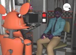 3d animatronic anthro cock cup five_nights_at_freddy's fox foxy_(fnaf) human human_on_anthro humanoid male male_only male_peeing michael_afton non-human paper_cup pee peeing peeing_into_cup purple_body purple_cock purple_skin source_filmmaker stay_calm tagme yuuki_momofox