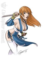 1girls auburn_hair blades dead_or_alive detached_sleeves holding_weapon huge_breasts kasumi_(doa) long_hair mechabennett revealing_clothes voluptuous