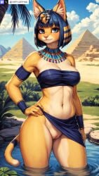 ai_generated animal_crossing animal_ears ankha ankha_(animal_crossing) artist_name bandeau bangs bare_shoulders blue_eyes blue_hair bob_cut body_fur bottomless breasts cat_ears cat_girl cat_tail cleavage closed_mouth cloud day egyptian female furry furry_female hair_ornament hand_on_hip looking_at_viewer navel no_panties outdoors palm_tree pussy short_hair sky smile solo stable_diffusion strapless tail tree tube_top twitter twitter_username uncensored wading water watermark yiffyjiffy69