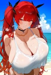 ai_generated azur_lane beach crop_top female honolulu_(azur_lane) huge_breasts large_breasts looking_at_viewer red_eyes red_hair smile twintails