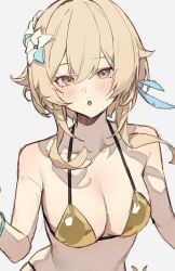 1girls :o absurd_res absurdres bare_arms bare_belly bare_midriff bare_shoulders bare_skin belly blonde_female blonde_hair blonde_hair blonde_hair_female blush blush blush_lines blushing_female breasts breasts cleavage collarbone dot_nose female female_focus female_only fingers flower flower_in_hair genshin_impact hair_between_eyes high_resolution highres light-skinned_female light_skin looking_at_viewer lumine_(genshin_impact) medium_breasts naked naked_female nude nude_female open_mouth short_hair shoulders simple_background slender_body slender_waist slim_girl slim_waist solo sooon thin_waist upper_body white_background yellow_eyes yellow_eyes_female