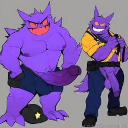 ai_generated balls big_balls buff evil_grin gengar huge_cock looking_at_viewer male muscular muscular_anthro muscular_male penis pokemon pokemon_(species) police police_uniform undressing