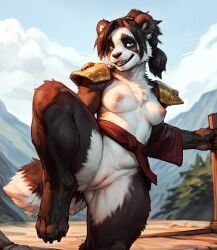 ai_generated anthro breasts cerinil exercise female genitals giant_panda hi_res looking_away mammal mountains nipples outside pandaren peach_pussy presenting pussy raised_leg shoulder_pads smile solo spread_legs spreading teal_eyes ursid world_of_warcraft