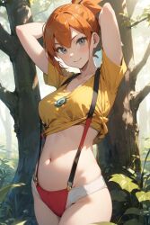 1girls ai_generated blue_eyes crop_top female female_only forest human kasumi_(pokemon) orange_hair pokeball pokemon ponytail seductive_look seductive_smile solo suspenders tree trees woods yellow_shirt