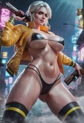 ai_generated breasts cameltoe cd_projekt_red ciri cyberpunk_2077 female green_eyes gun juliensecond light-skinned_female mascara night_city raining scar solo swimsuit the_witcher_(series) the_witcher_3:_wild_hunt wet_body white_hair