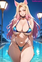 1girls ahri ai_generated armband bikini bombacopta choker earring fox_ears fox_girl huge_breasts k/da_ahri k/da_series league_of_legends multicolored_bikini multicolored_hair solo solo_focus thick_thighs thigh_gap yellow_eyes