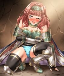 1girls absurdres alternate_costume arm_armor bare_shoulders bare_thighs black_gloves black_thighhighs blue_panties breasts cape celica_(fire_emblem) celica_(valentia's_hope)_(fire_emblem) cleavage female female_only fingerless_gloves fire_emblem fire_emblem_echoes:_shadows_of_valentia fire_emblem_heroes gloves highres large_breasts leg_armor light_blue_panties looking_at_viewer medium_hair nintendo official_alternate_costume one_eye_closed open_mouth panties pantyshot pencil_skirt red_eyes red_hair skindentation skirt solo thighhighs thighs underwear zanntetu