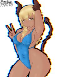 2d :3 artist_signature big_breasts blonde_hair blue_swimsuit charlotte_the_succubus hand_behind_head horns looking_at_viewer oc original_character peace_sign purringnsfw sideboob smiling smiling_at_viewer succubus succubus_horns succubus_tail swimsuit swimwear thick_thighs yellow_eyes