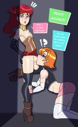 2boys ass blue_eyes caught_in_the_act cosplay crossdressing english_text fellatio femboy gay jaune_arc lie_ren male male_only multiple_boys nora_valkyrie_(cosplay) offscreen_character owl_pie purple_eyes pyrrha_nikos_(cosplay) rwby text yaoi