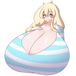 big_breasts blonde_hair blush breasts cassie_(theycallhimcake) female huge_breasts human hyper_breasts jcdr original_character purple_eyes smile striped_shirt