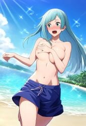 1girls ai_generated bangs beach blue_hair blush breasts covered_nipples covering_breasts female hourglass_figure jujutsu_kaisen kasumi_miwa large_breasts light-skinned_female light_skin long_hair male_swimwear male_swimwear_challenge open_mouth outside pinup public sand solo swimwear thighs topless water