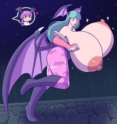 2girls bat_wings breast_expansion breasts capcom clothing darkstalkers female female_only gigantic_breasts huge_breasts large_breasts massive_breasts morrigan_aensland royaloppai succubus wings