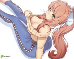 1girls ass belt black_bra blue_pants bra breast_window breasts clothed_female doki_doki_literature_club green_eyes long_hair looking_at_viewer monika_(doki_doki_literature_club) no_socks patreon_username raionart ribbon solo solo_female whistling white_background white_ribbon