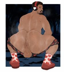 1boy anus ass ass_focus balls big_ass big_butt body_hair boxers_(clothing) butt_focus commission dead_by_daylight emissionswhite facial_hair forest_background gay hairy_ass hairy_butt hairy_legs headphones heart_pattern heart_pattern_underwear jonah_vasquez looking_back male male_only muscular muscular_male musk musk_clouds scared_expression shoes socks sweat sweating underwear_down