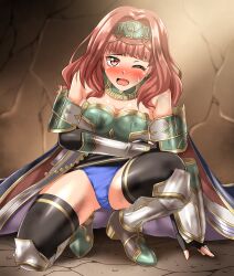 1girls absurdres alternate_costume arm_armor bare_shoulders bare_thighs black_gloves black_thighhighs blue_panties breasts cape celica_(fire_emblem) celica_(valentia's_hope)_(fire_emblem) cleavage female female_only fingerless_gloves fire_emblem fire_emblem_echoes:_shadows_of_valentia fire_emblem_heroes gloves highres large_breasts leg_armor looking_at_viewer medium_hair nintendo official_alternate_costume one_eye_closed open_mouth panties pantyshot pencil_skirt red_eyes red_hair skindentation skirt solo thighhighs thighs underwear zanntetu
